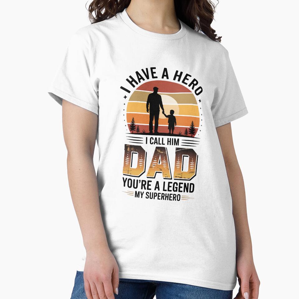 Father's Day Design - Retro Sunset Dad-Son Silhouette, 'DAD You're a Legend My Superhero' - Father's Day by KMMODERNDESIGNS