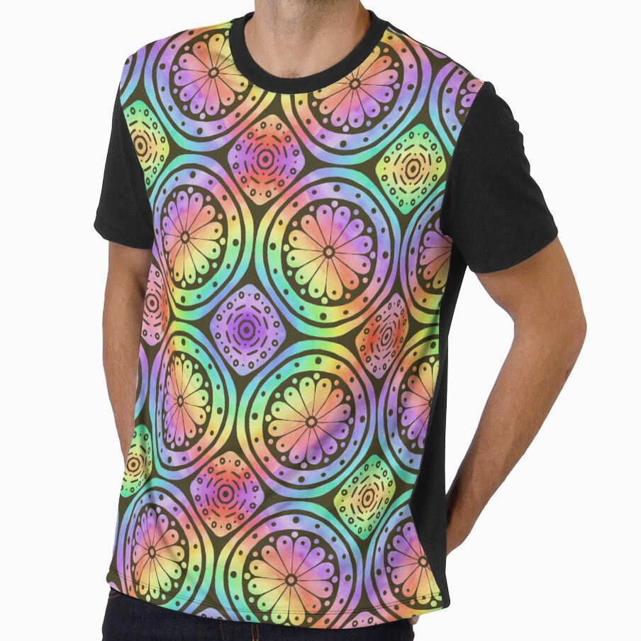 Medieval Abstract Flower Tile Pattern with a Rainbow Background by keltickat