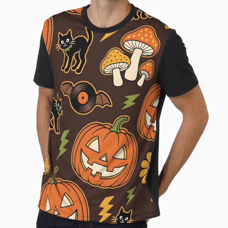 Retro 70s Halloween Groove — Jack-o-Lantern Black Cat Mushroom Vinyl Bat Seamless Pattern by Amplify-n-Co