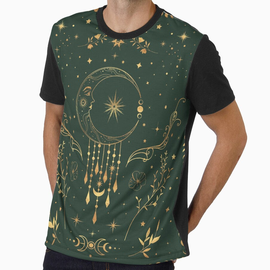 Sage green and gold Celestial crescent moon with floral accents and moon phase tie dye by Abigail Jacques