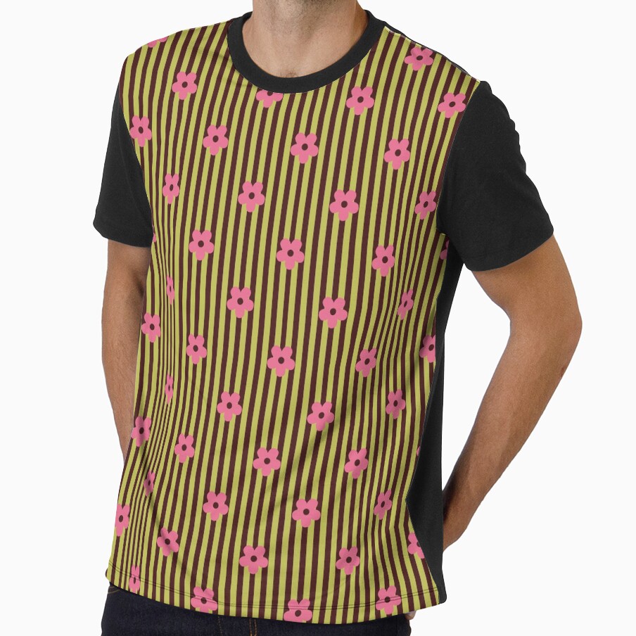 Olive Green Floral Pattern | Pink Flowers on Brown Stripes | Retro Pink Floral Stripes Design | Preppy Pink Flower Pattern | Coquette Olive and Pink Flowers with Stripes Pattern by VivaFy