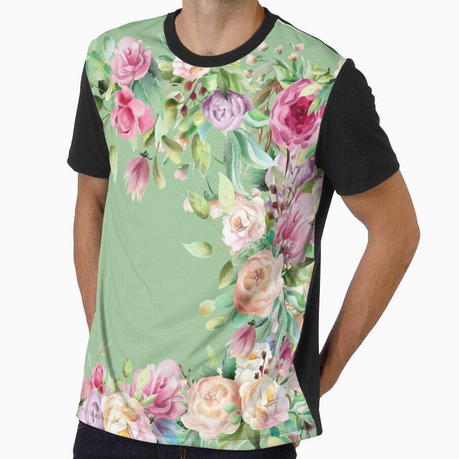 Beautiful floral design, pink and purple flowers, light teal background and leaves, soft and pretty by Orianah