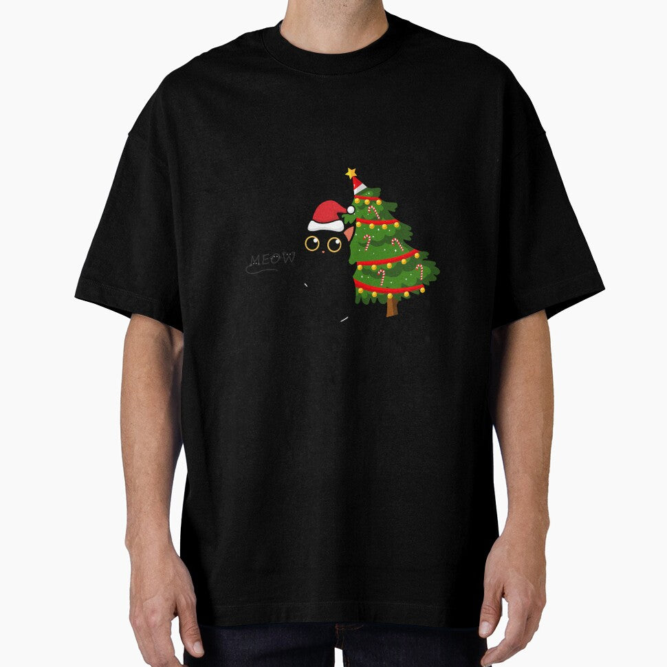 Funny black cat pushing christmas tree by sammanstore
