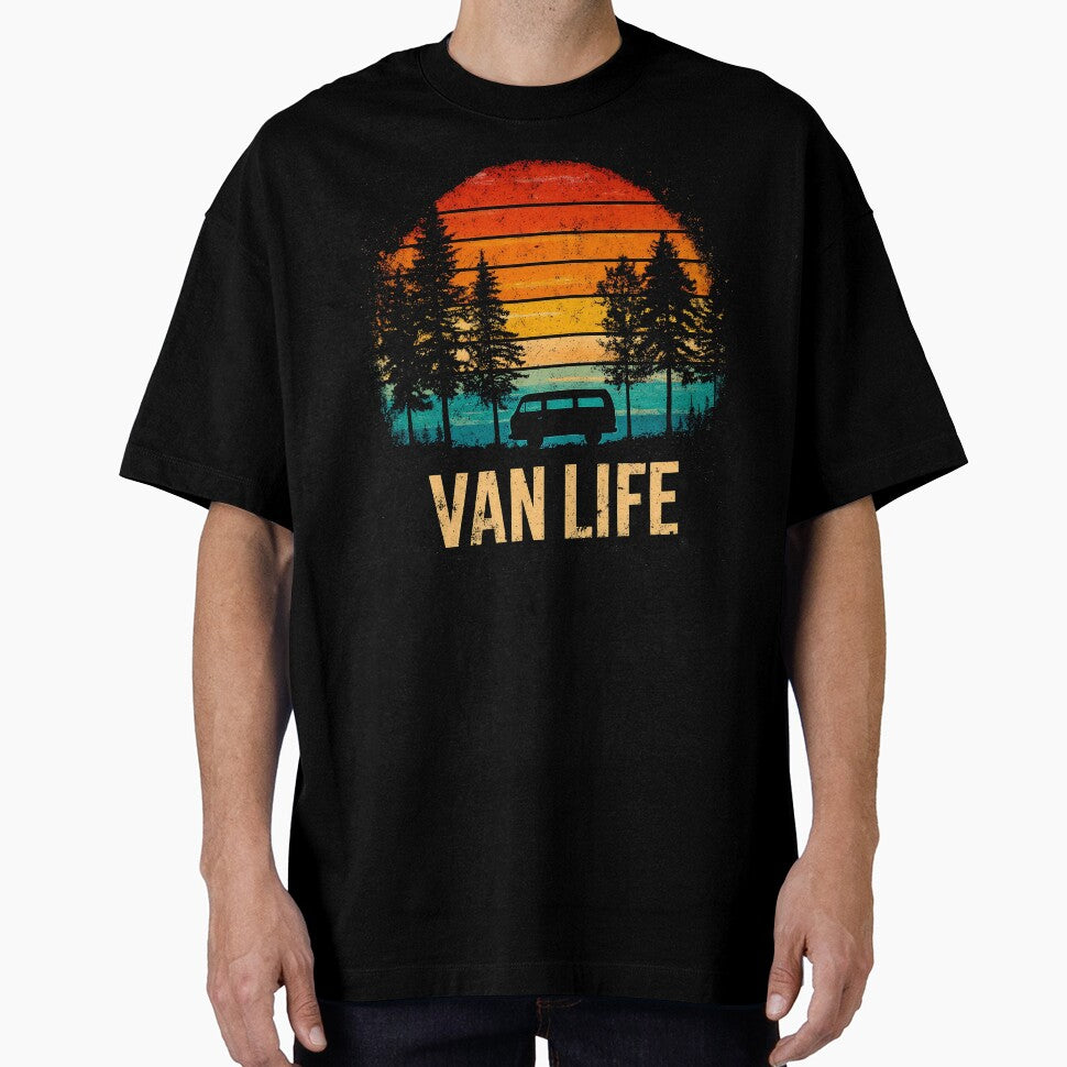 Vintage Camper Van Camping Retro Sunset Pine Forest by D-Oles-Mercher