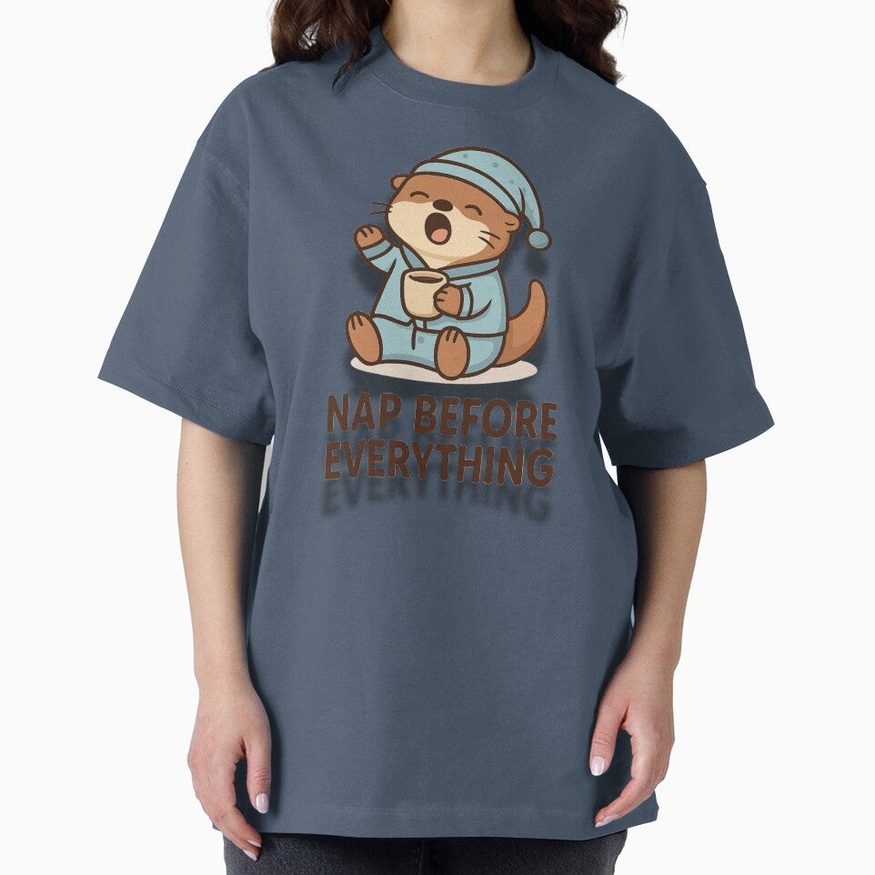 Nap Before Everything – Cute Cartoon Otter in Pajamas Yawning Illustration by konthai.familyart