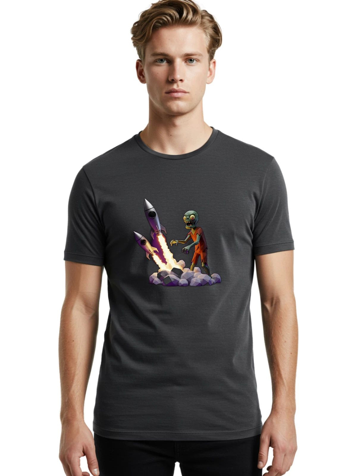 Zombie-Rocket-Launch Mens Graphic Tee, 100% Cotton, Casual Summer Wear Unisex