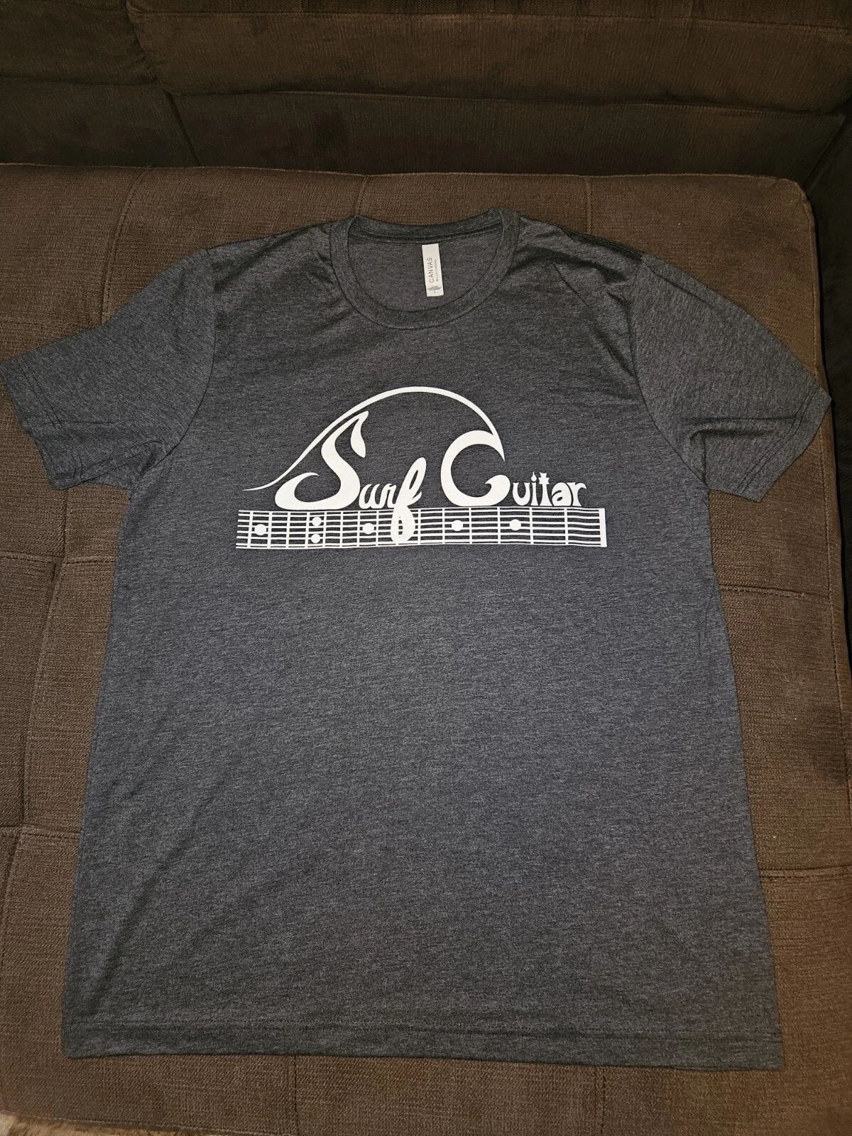 Surf Guitar Large Tshirt - Surfers play Guitar Cotton Unisex Dark Heather Grey Unisex