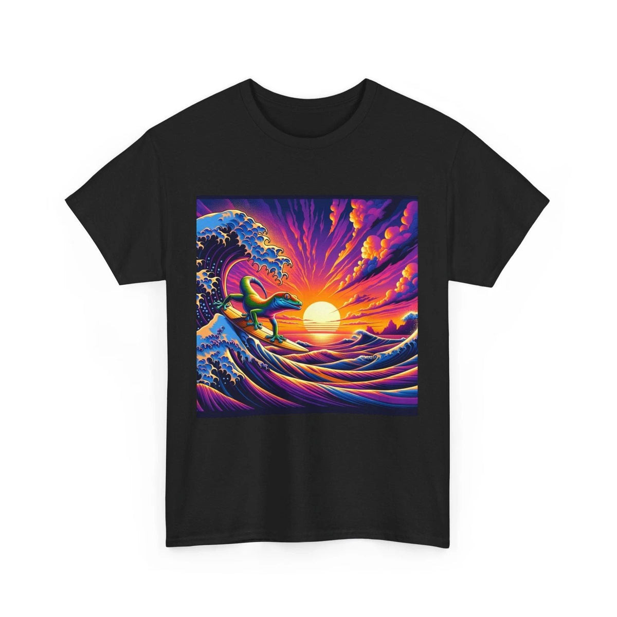 Unisex Adult T Shirt Gecko Surfing Ukiyoe Sunset Waves Retro Vibes Beach Vapor Unisex