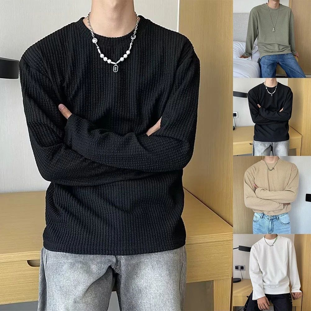 Fashionable Mens Waffle Long Sleeves TShirt Crew Neck Perfect for Daily Outfits Unisex