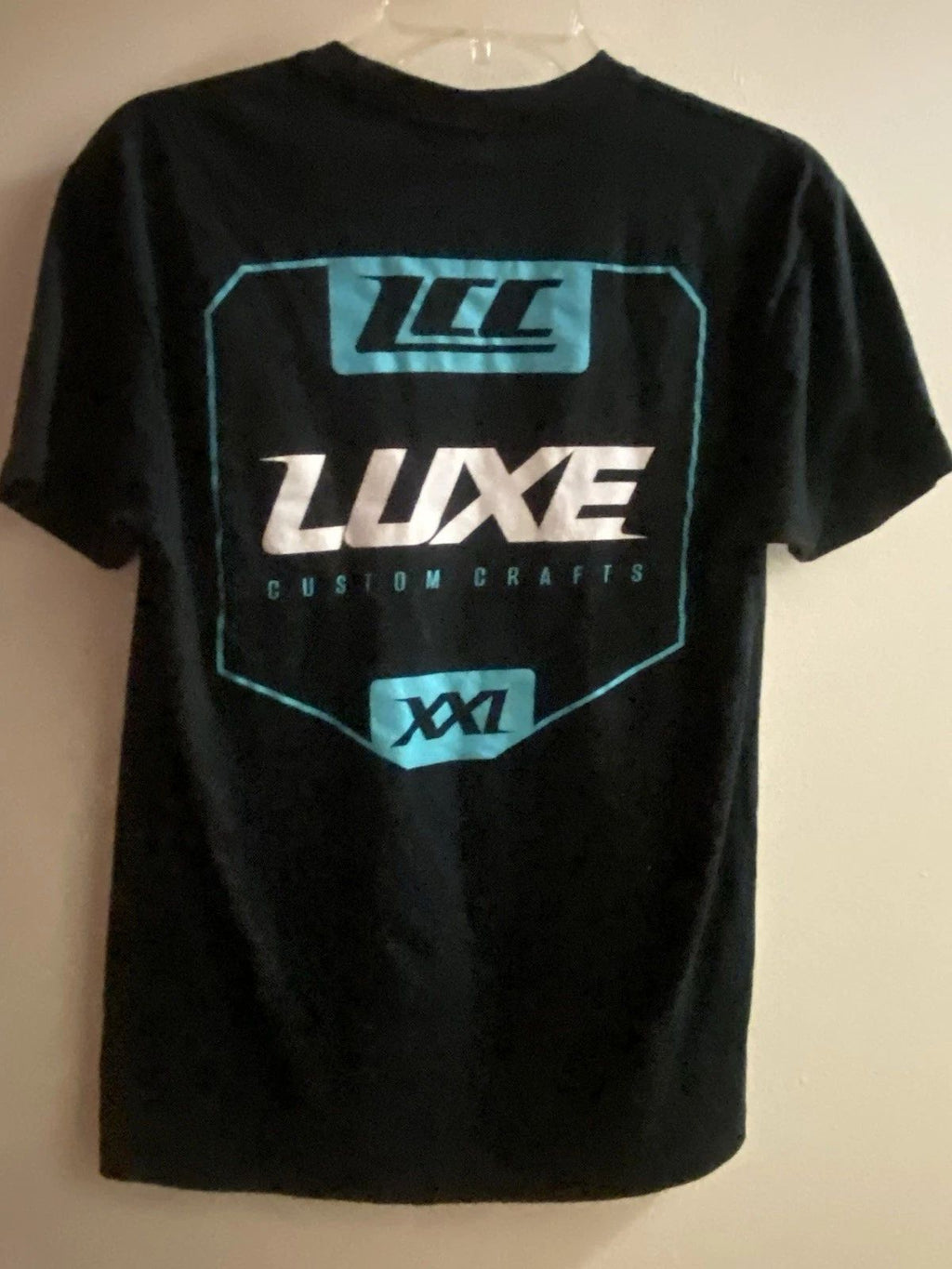 Men’s T Shirt Luxe Custom Crafts S Small Black Blue Graphic Chest 36” Next Level Unisex