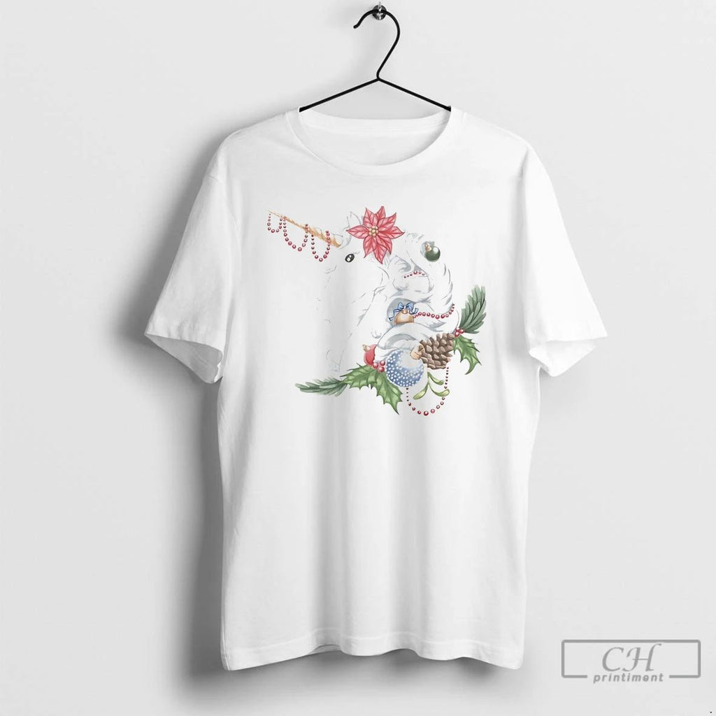 Classic Unicorn Poinsettia Elegant Christmas White T Shirts Unisex