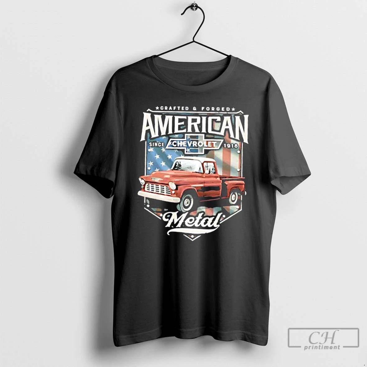 Classic Chevrolet Truck American Metal Script And American Flag T Shirts Unisex