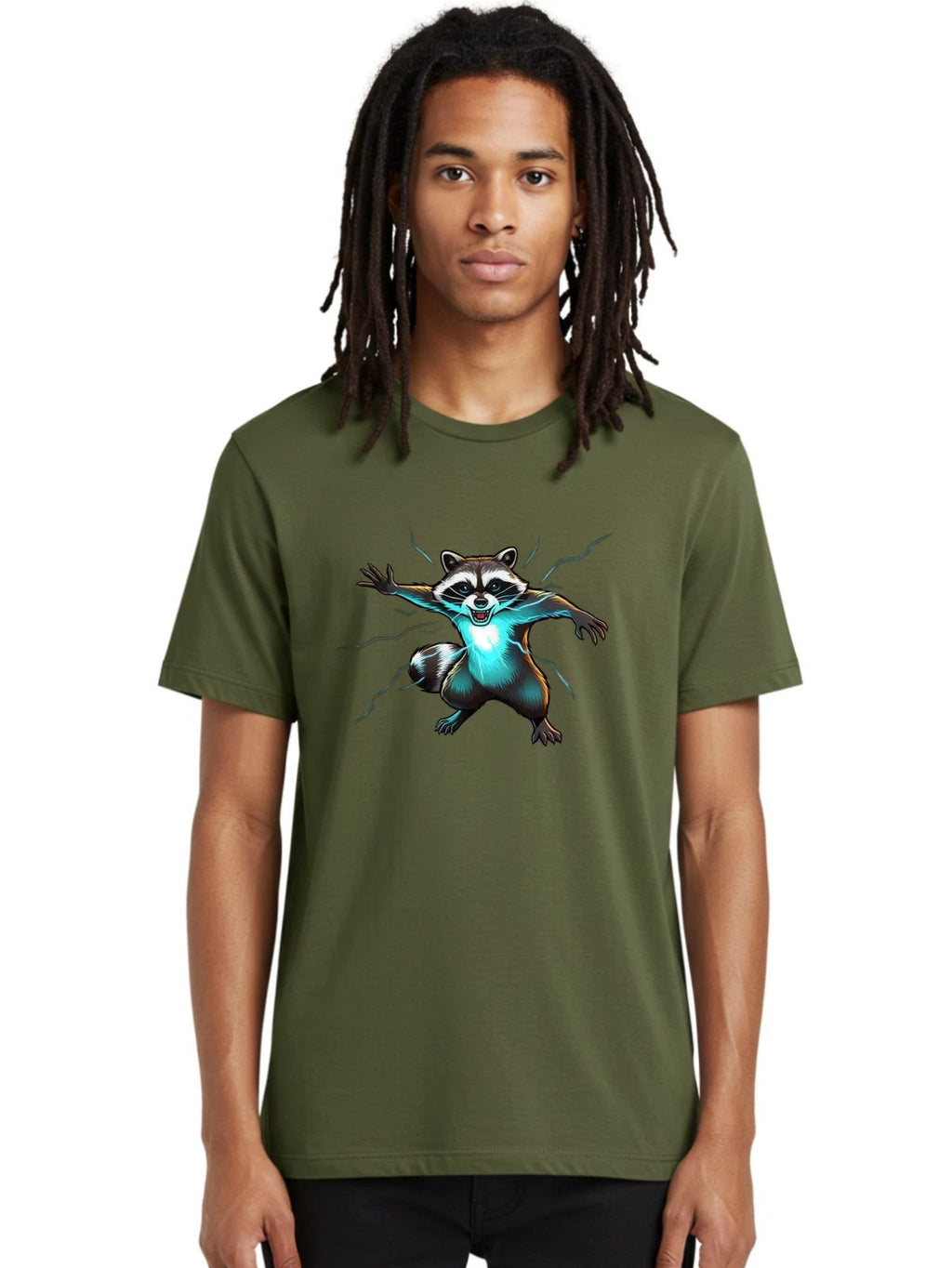 Electric-Raccoon Mens Graphic Tee, 100% Cotton, Casual Summer Wear Unisex