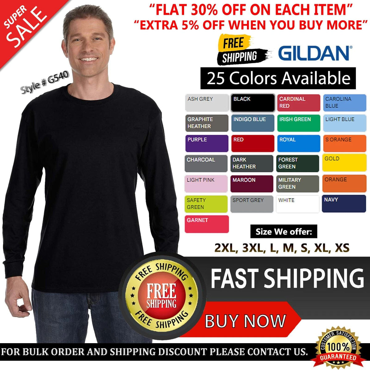 Gildan G540 Mens Heavy Cotton Preshrunk Tshirt Crew Neck Long Sleeve Unisex