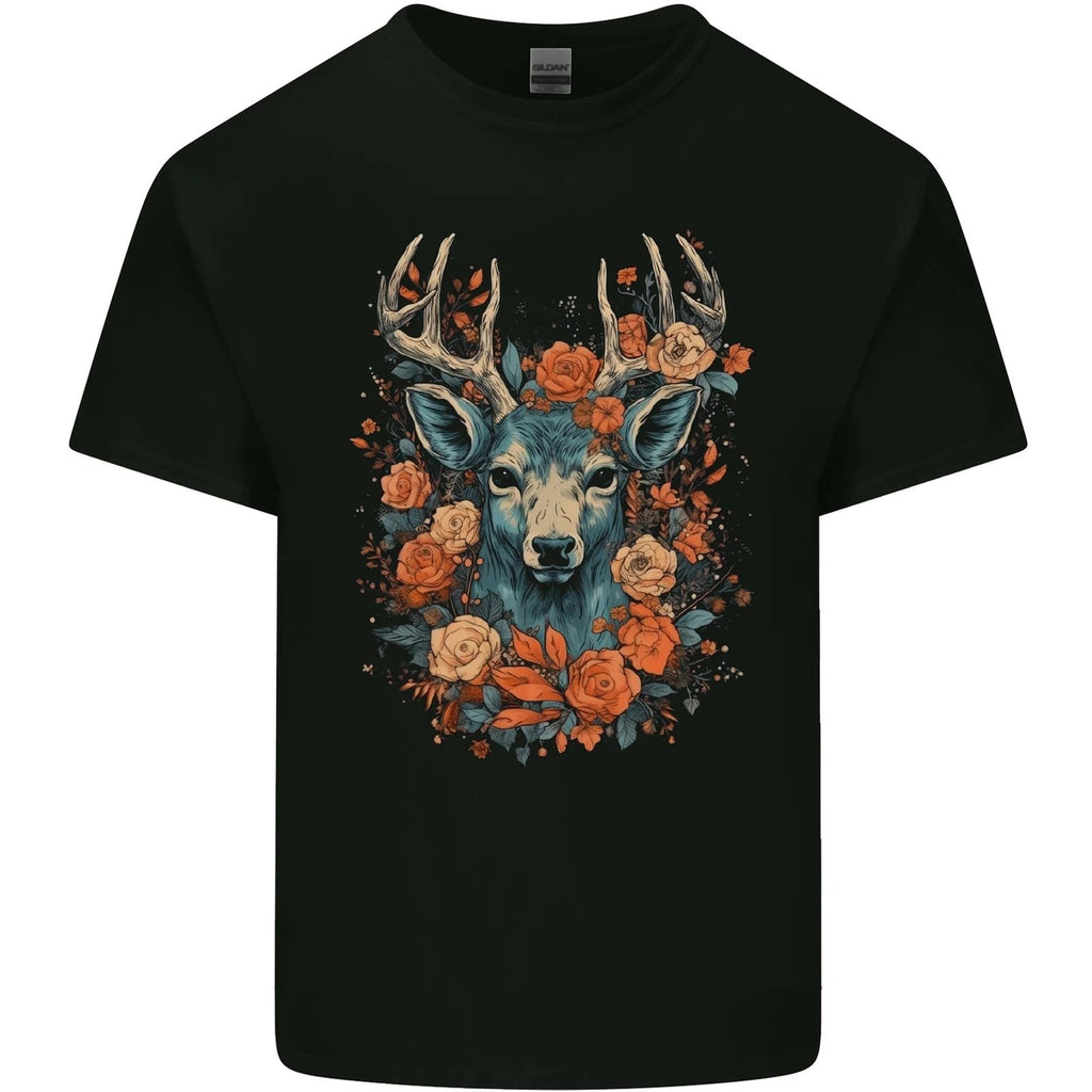 A Fantasy Deer With Flowers Mens Cotton Tee Top Unisex