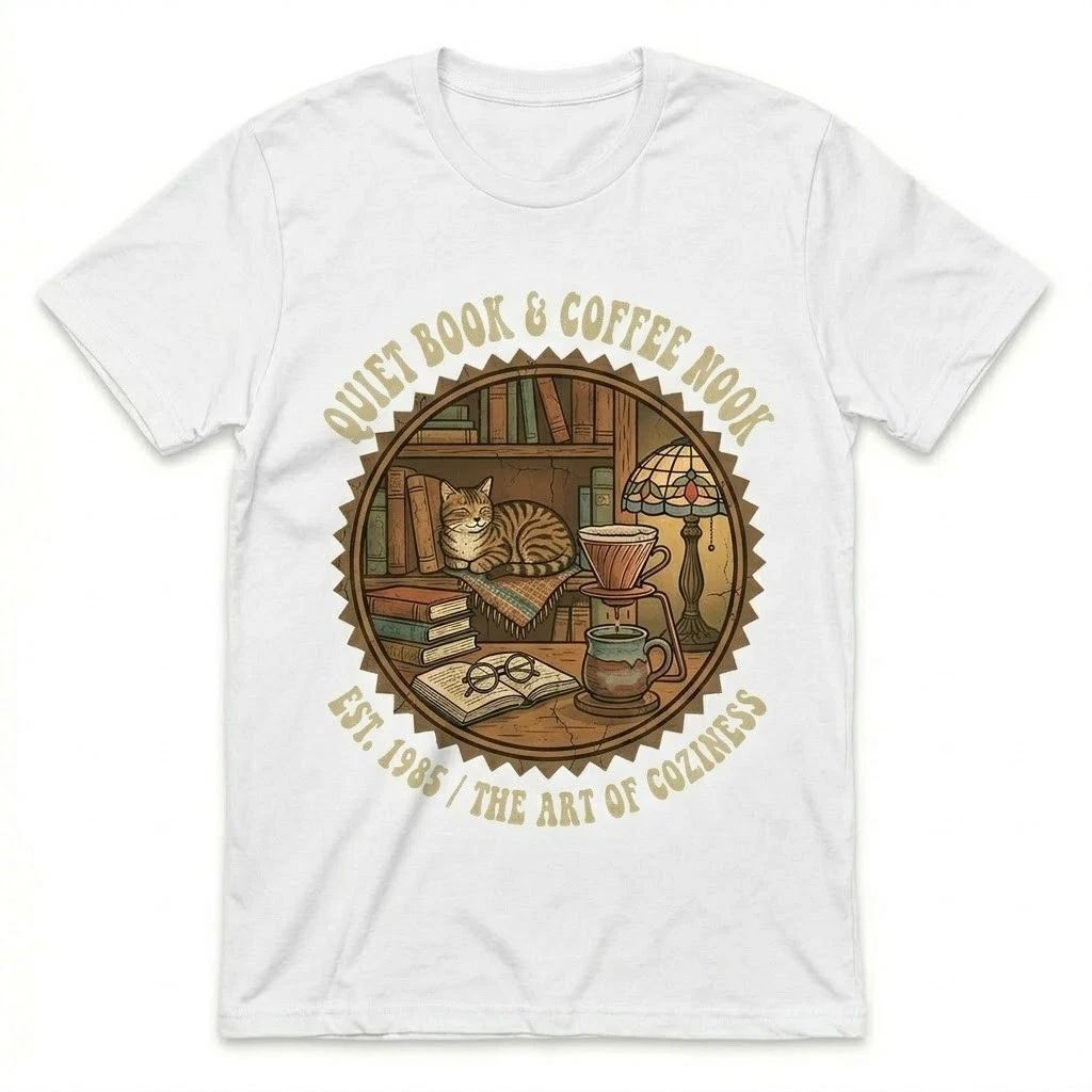 Vintage Cat Coffee Book Lover Retro Cozy Reading Nook Graphic Tee White Unisex