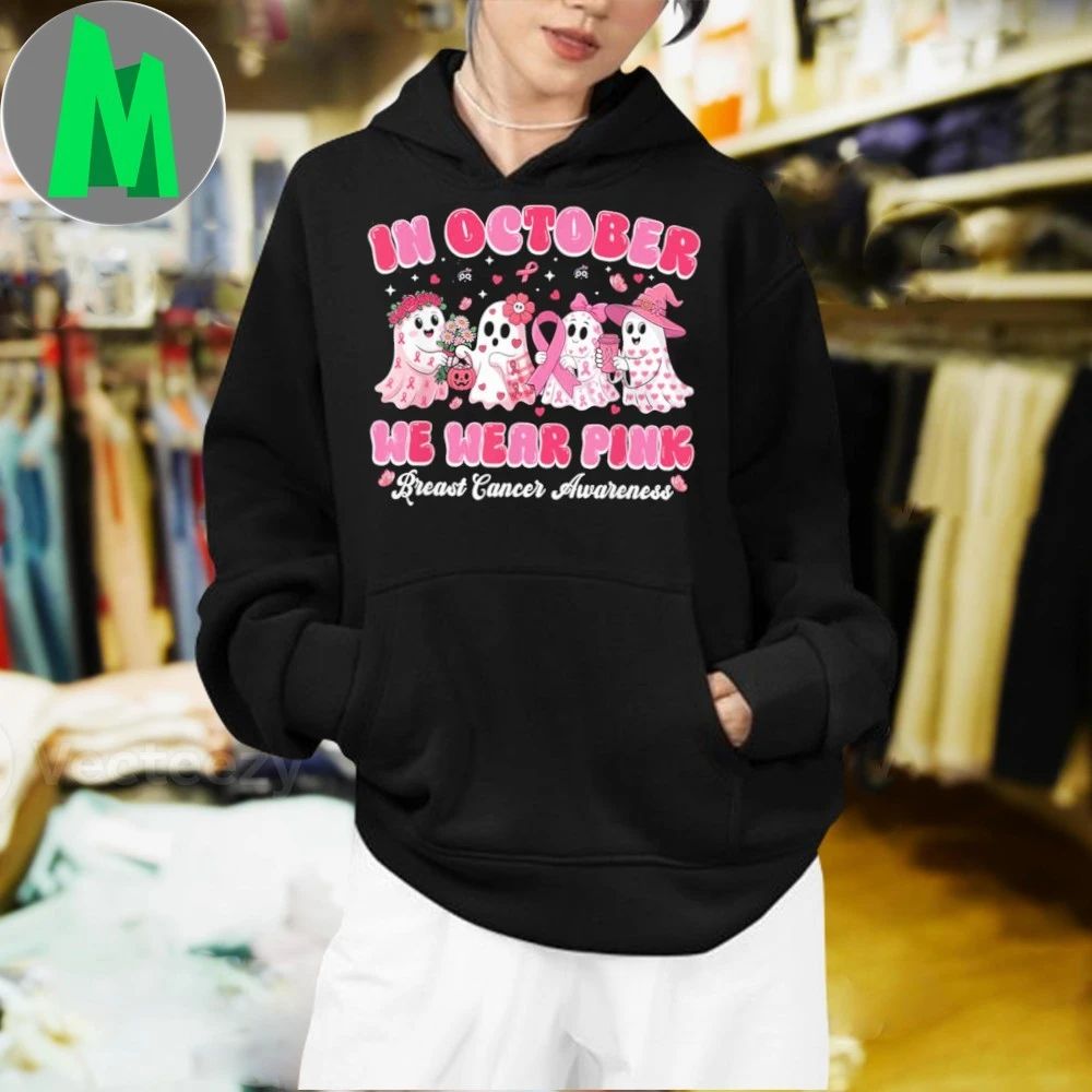In October We Wear Pink Ghost Breast Cancer Halloween Shirt Unisex