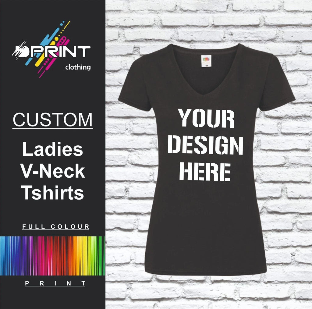 CUSTOM PRINTED LADIES V-NECK TSHIRT PERSONALISED WORK WEAR FRUIT OF THE LOOM Unisex