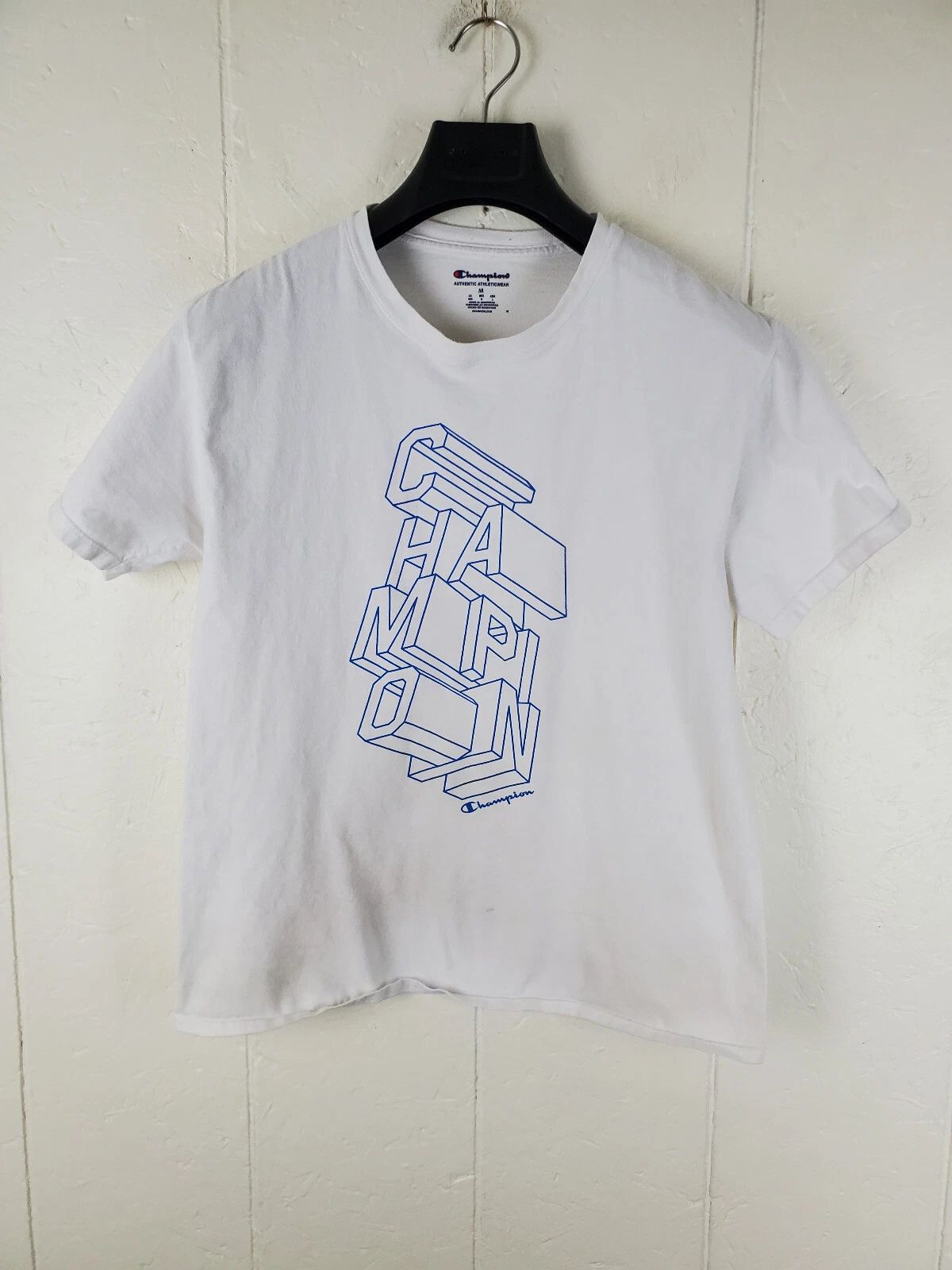 Champion Shirt Mens Medium White Graphic Crew Neck Short Sleeve Stretch Pullover Unisex