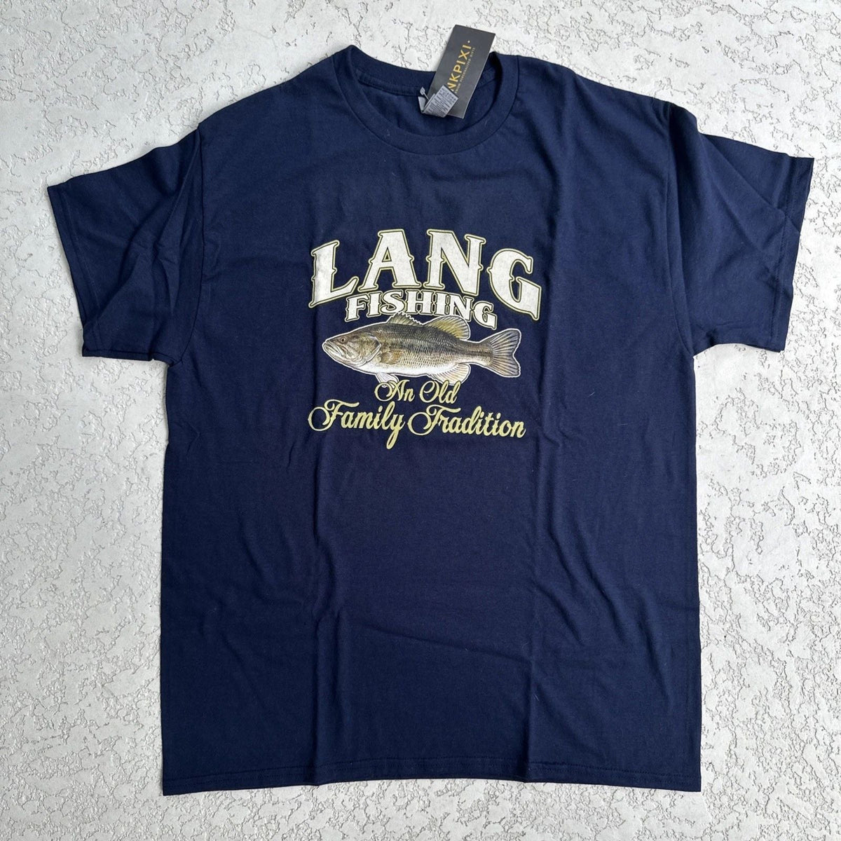 NWT Inkpixi Gilden Lang Fishing Custom Graphic Tee, Men's Sz L Navy Unisex