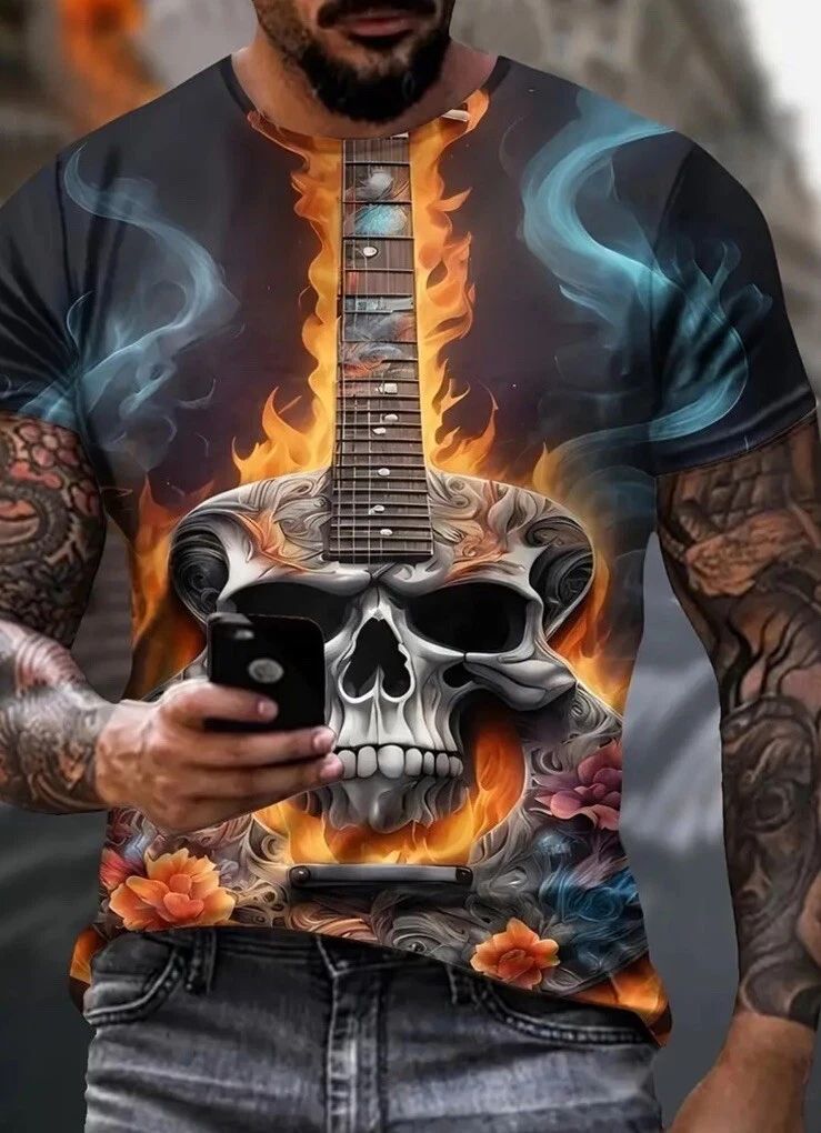 Men's 48" Skelton Skull Guitar Flames Graphic Print New XXL Free Ship Unisex