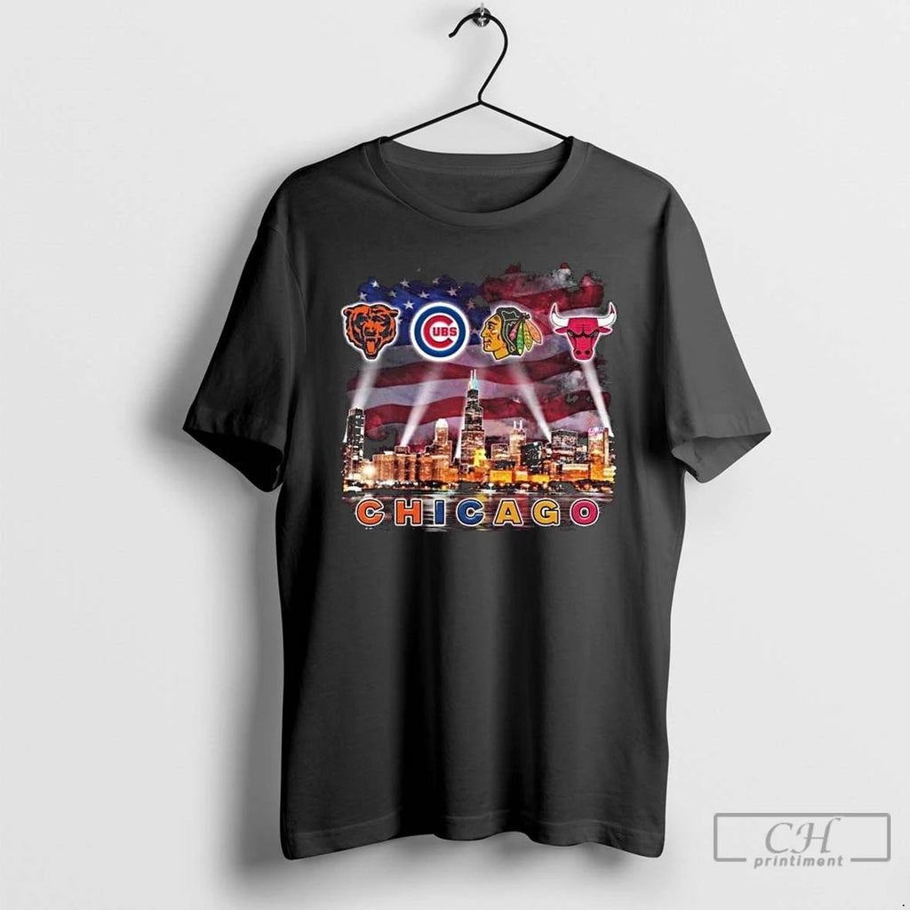 Premium Chicago City Sports Bears Cubs Blackhawks And Bulls Skyline Light 2025 Long Sleve Unisex