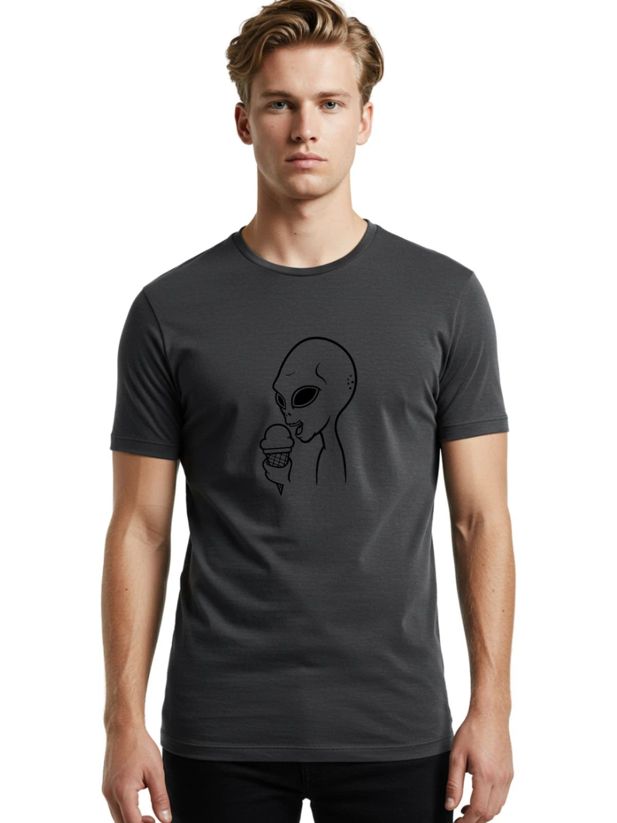 Alien-Eating-Ice-Cream Mens Graphic Tee, 100% Cotton, Casual Summer Wear Unisex