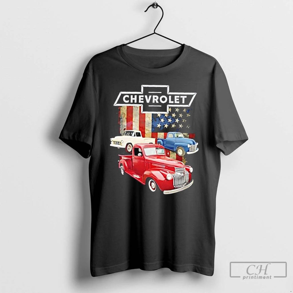 Classic Chevrolet Truck American Metal American Flag T Shirts Unisex
