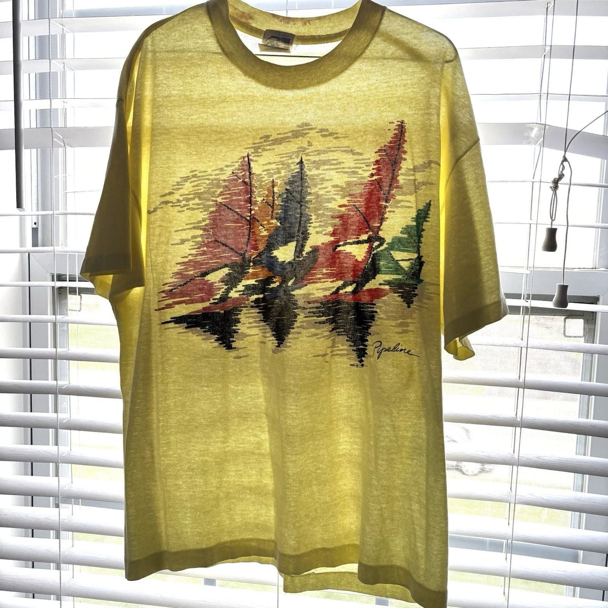 Vintage 80s Surf Tee Pipeline USA XL Paper Thin T Shirt Yellow Sailing Beach Unisex