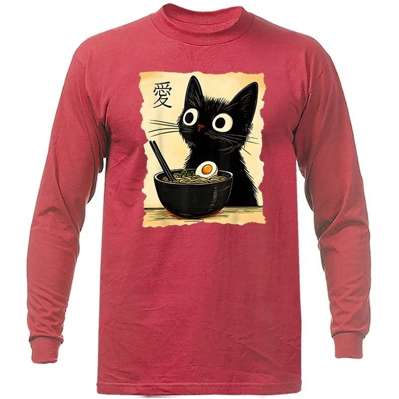 Kawai Cat Eating Ramen Noodle-Japanese Anime Manga Long Sleeve Unisex