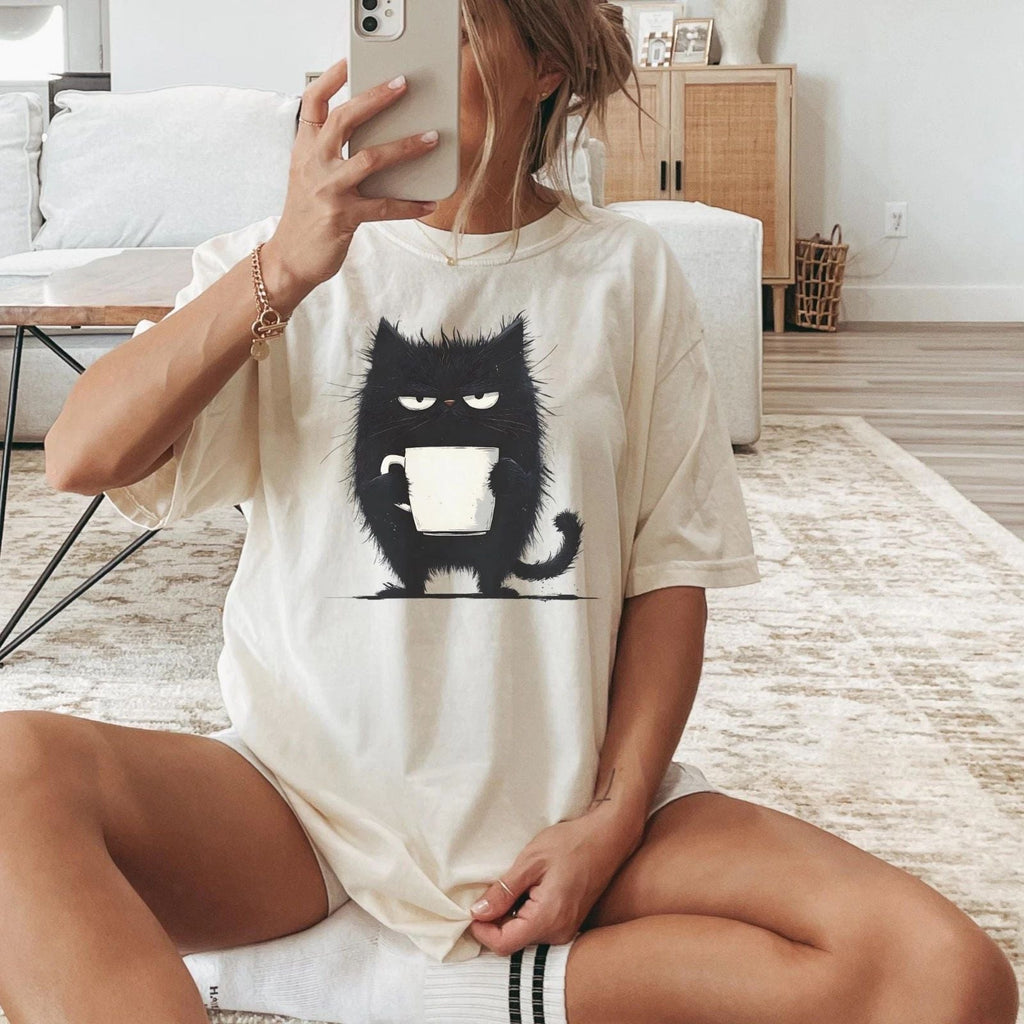 Funny Black Cat Coffee Shirt, Kawaii tired cat T shirt, Grumpy Cat Holding Mug Unisex