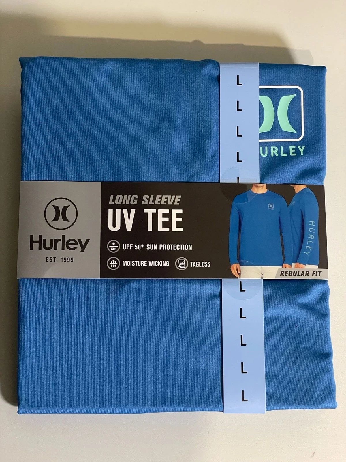 NWT Hurley Men's Long Sleeve UV Tee UPF 50+ Sun Protection Seaview Blue Sz L Unisex