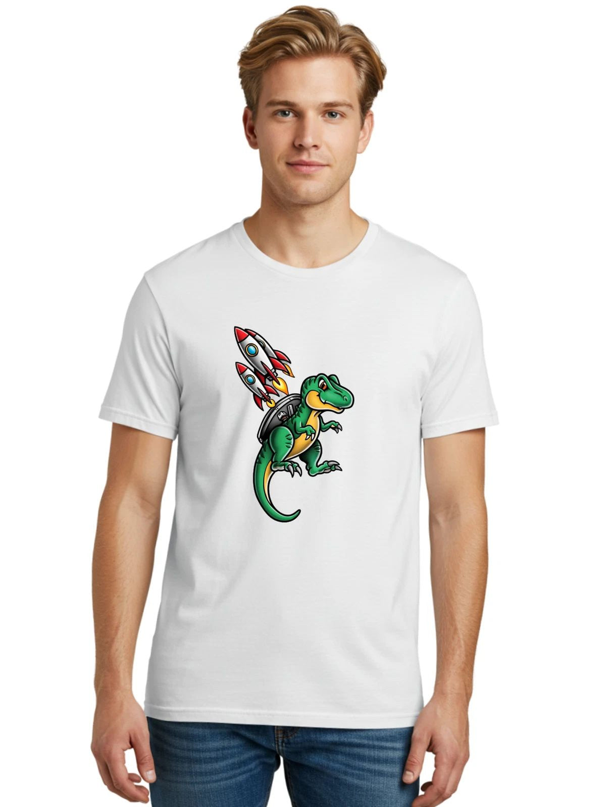Dino-Rocket-4 Mens Graphic Tee, 100% Cotton, Casual Summer Wear Unisex