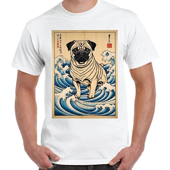 Retro Japanese Pug Dog Surf Ocean Wave – Cute Ukiyo-e Inspired Tee Gift Unisex