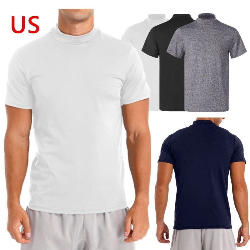 Freebily Men Mock Neck Short Sleeve Undershirt Casual Solid Color Top Unisex