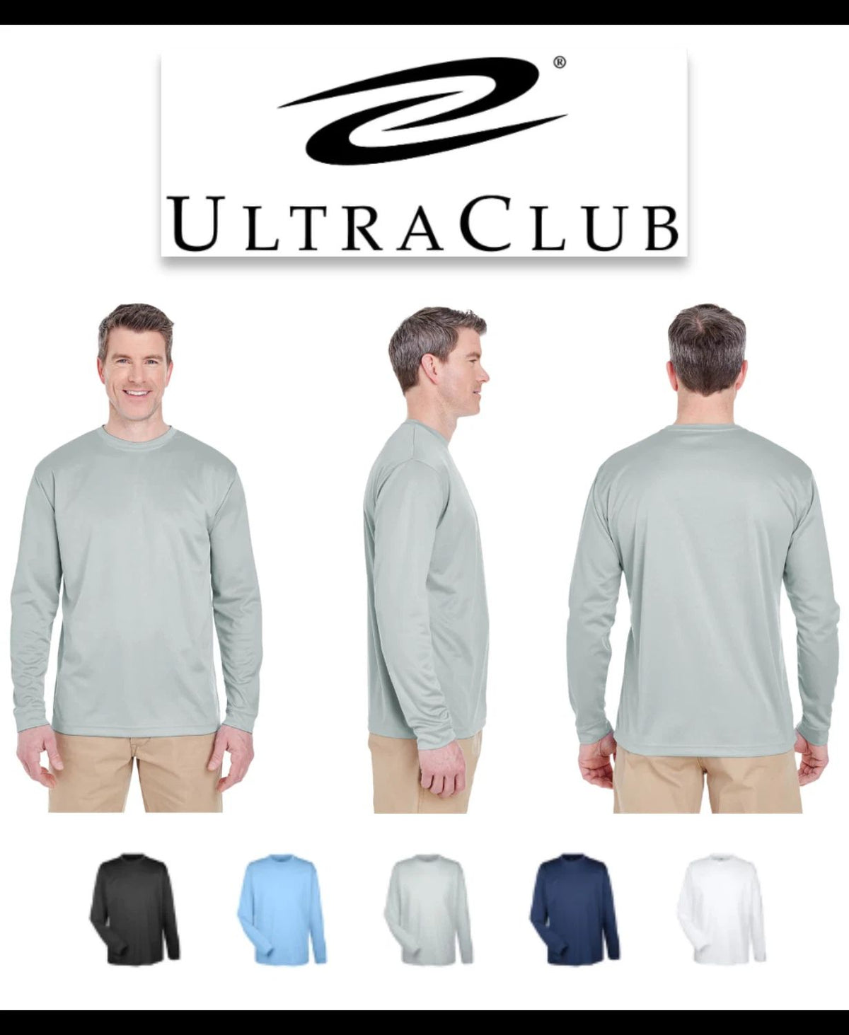 8401 UltraClub Men's Columbia Blue Cool & Dry Sport Long-Sleeve Unisex