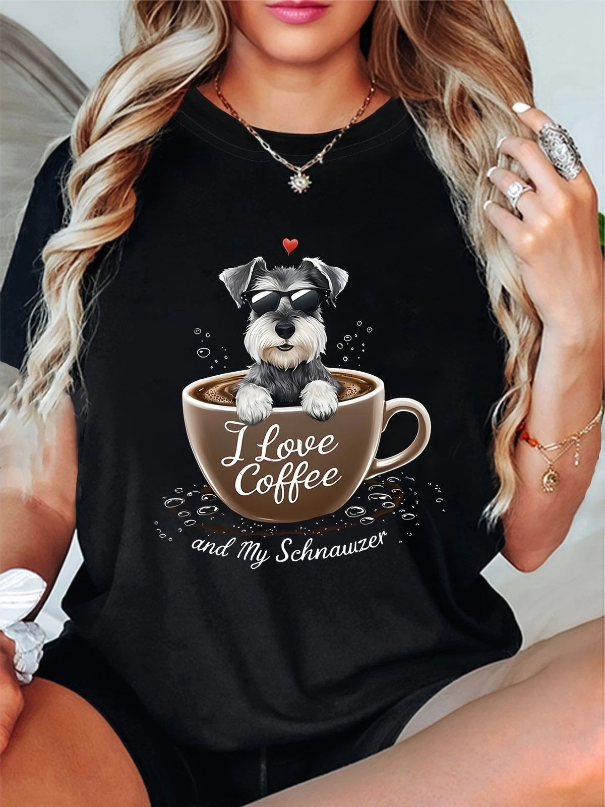 Wo I Love Coffee and My Schnauzer Graphic Black Casual Round Neck Tee Unisex