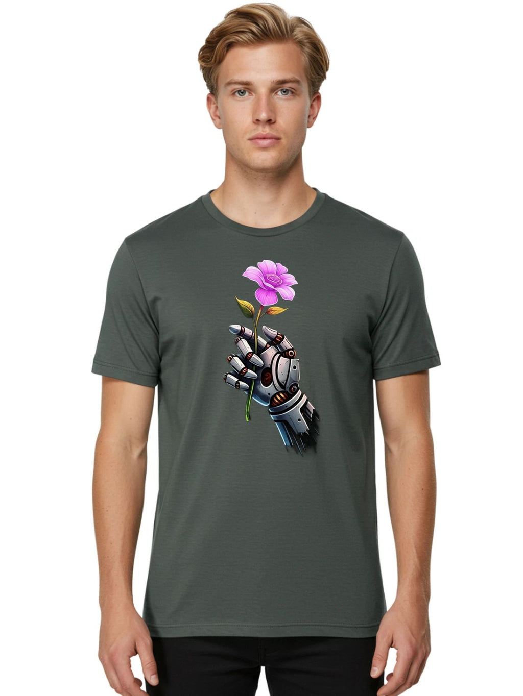 Robot-Hand-Holding-Flower-1 Mens Graphic Tee, 100% Cotton, Casual Summer Wear Unisex