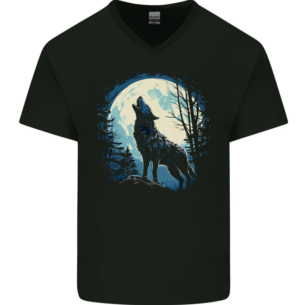 Moonlit Howling Wolf Fantasy Mens V-Neck Cotton Unisex
