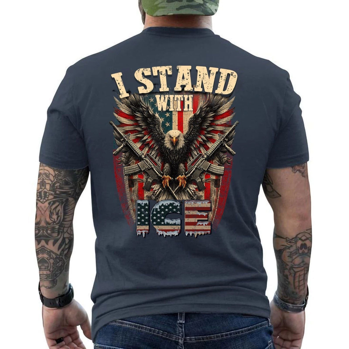 I Stand with ICE, Immigration and Customs Enforcement Patriotic US Flag ON BACK Unisex