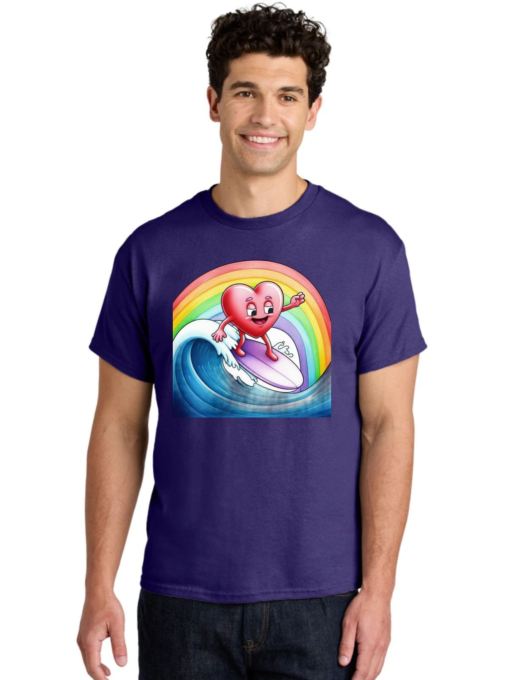Heart-Surfing-Rainbow-Wave Mens Graphic Tee, 100% Cotton, Casual Summer Wear Unisex