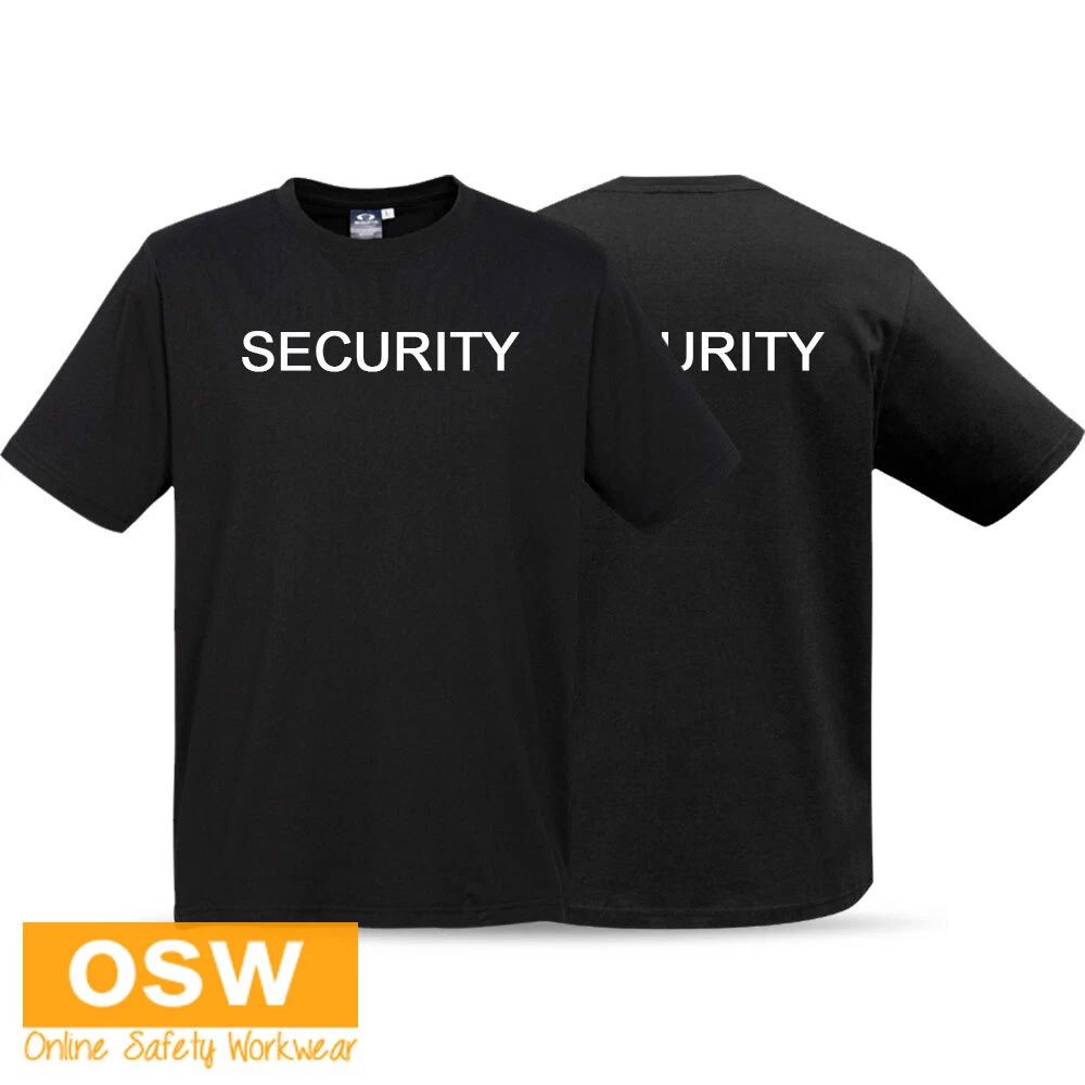Mens Black SECURITY Printed Short Sleeve Ribbed Elastane Work Uniform Neck Tee Unisex