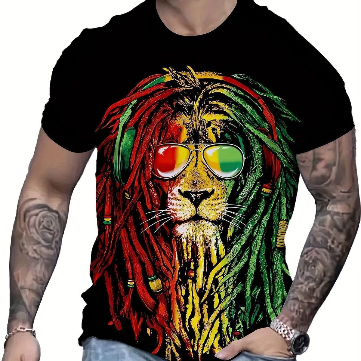 Men's Fashionable Lion Pattern Shirt, Casual Breathable Round Neck Short Sleeved Unisex