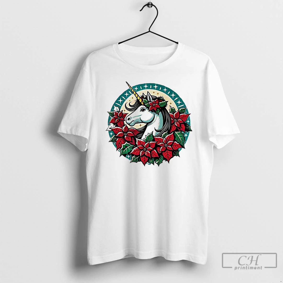Classic Poinsettia Unicorn Christmas White T Shirts Unisex