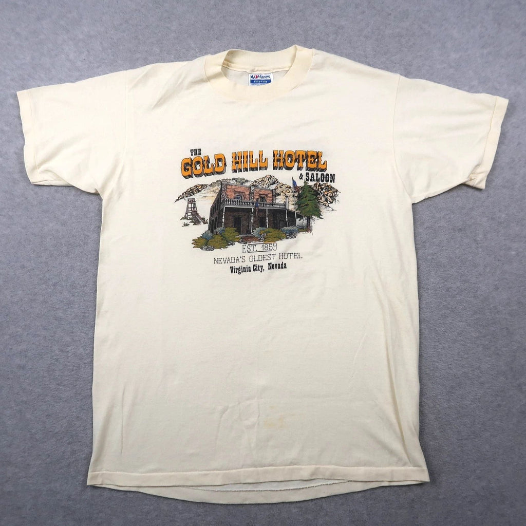 Vintage 80s Gold Hill Hotel Saloon Nevada Hiking Ivory T Shirt L Large USA Made Unisex