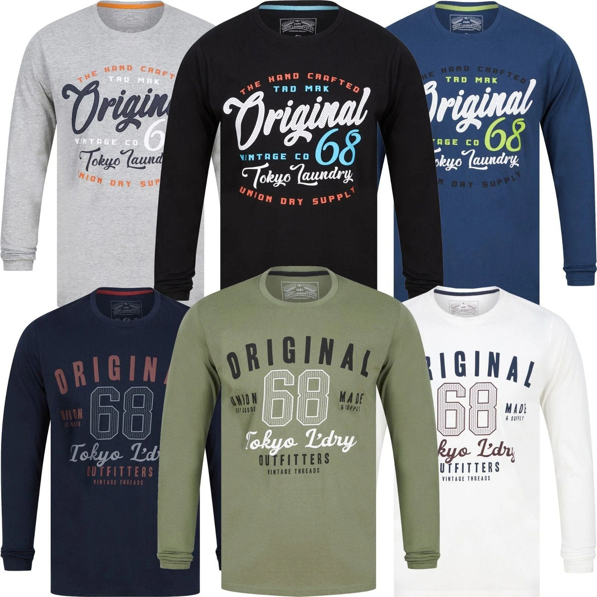 Men's Tokyo Laundry Crew Neck Long Sleeve T Shirt Jersey 100% Soft Cotton Top Unisex