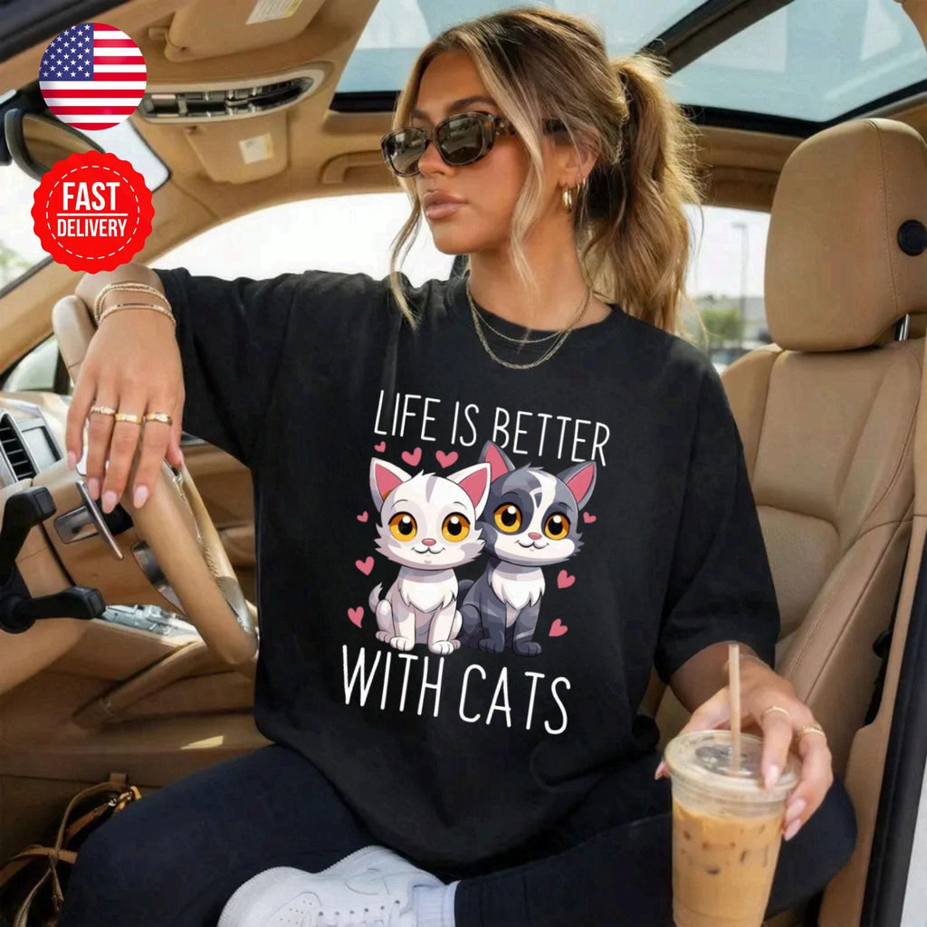 Life Is Better With Cat Cute Kitty Lover Gift Graphic Tee S-4XL Unisex