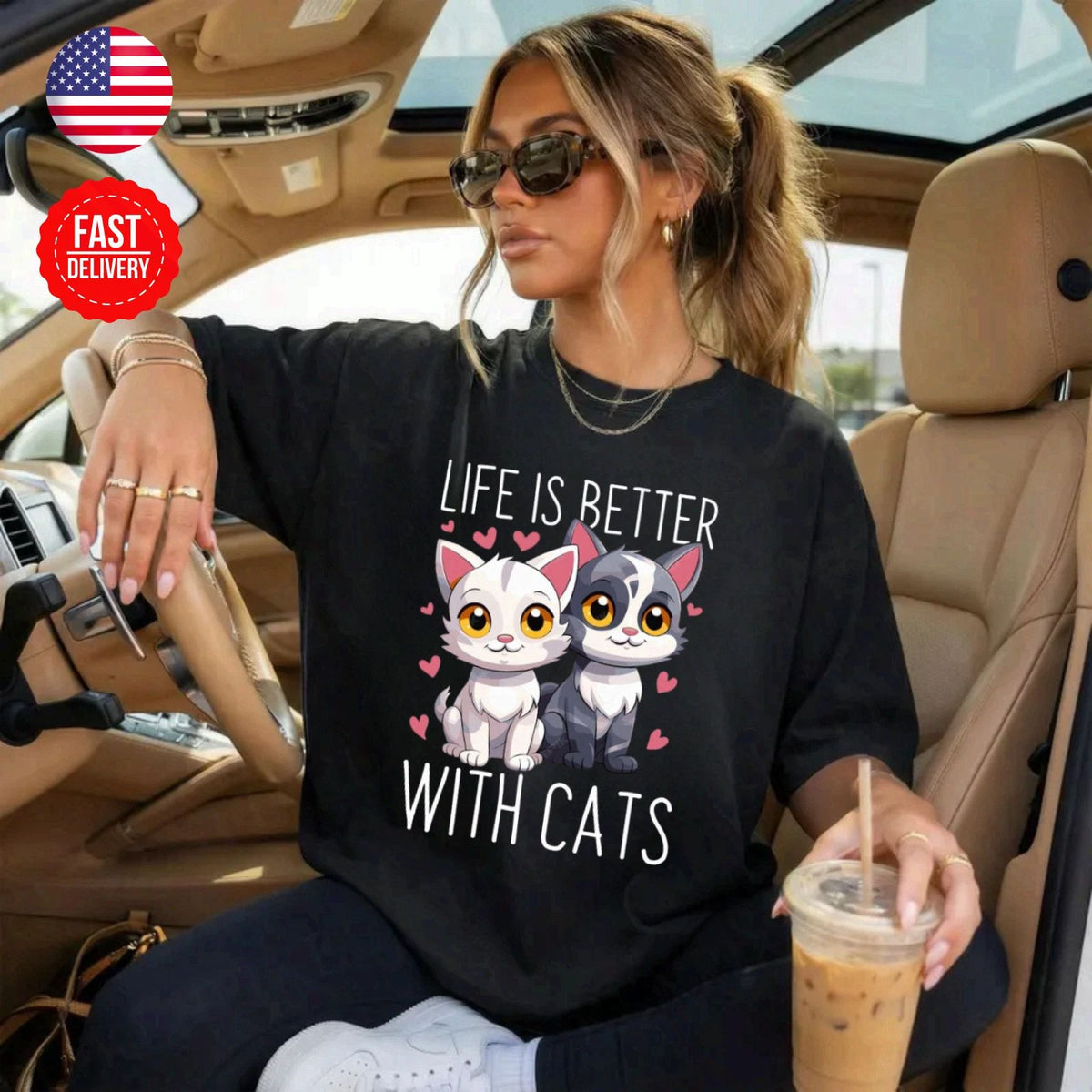 Life Is Better With Cat Cute Kitty Lover Gift Graphic Tee S-4XL Unisex