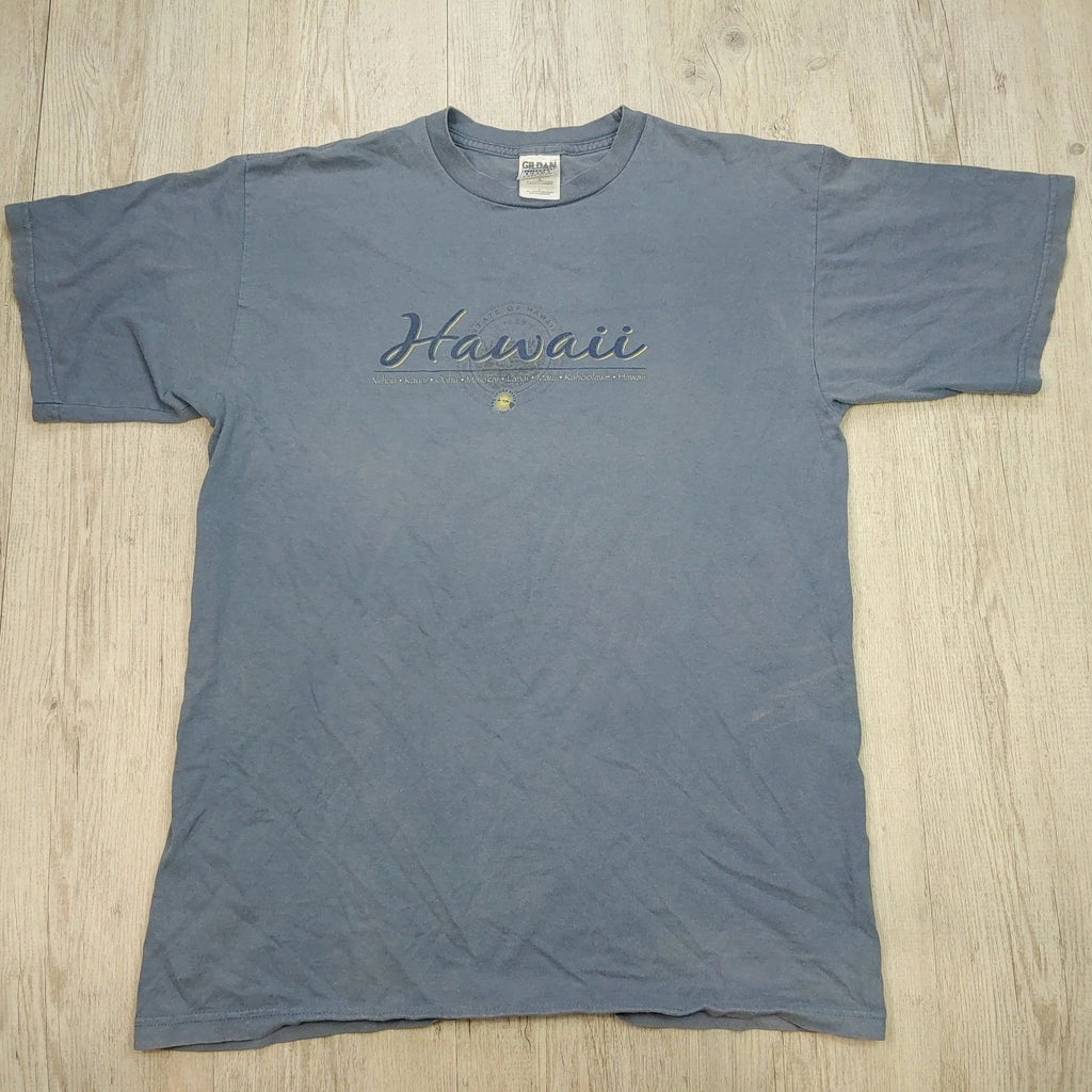Y2K Hawaii Islands Boxy Travel Tee Men's Size L Cotton Gildan Blue Unisex