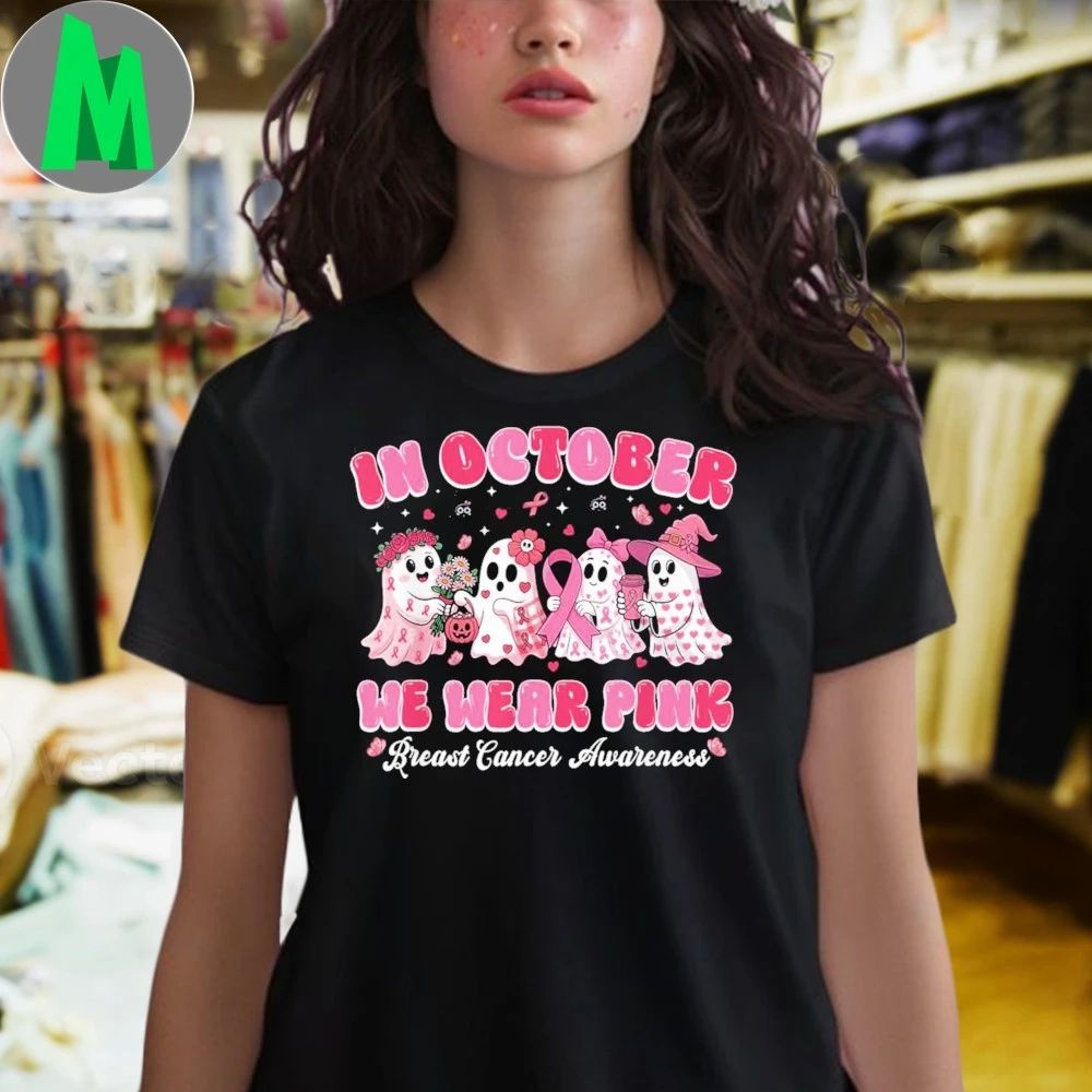 In October We Wear Pink Ghost Breast Cancer Halloween Shirt Unisex